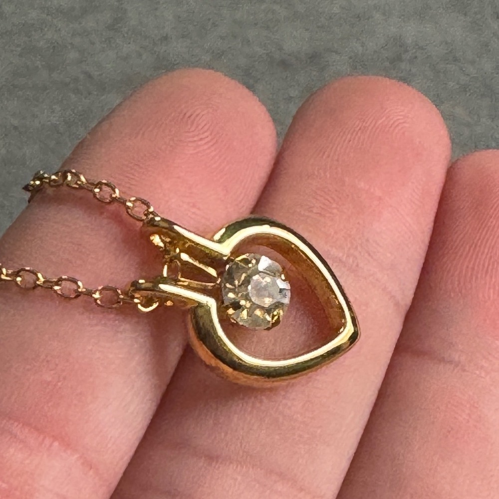 Gold Tone Open Heart Pendant Necklace with Clear Crystal Charm 18 Inch Chain